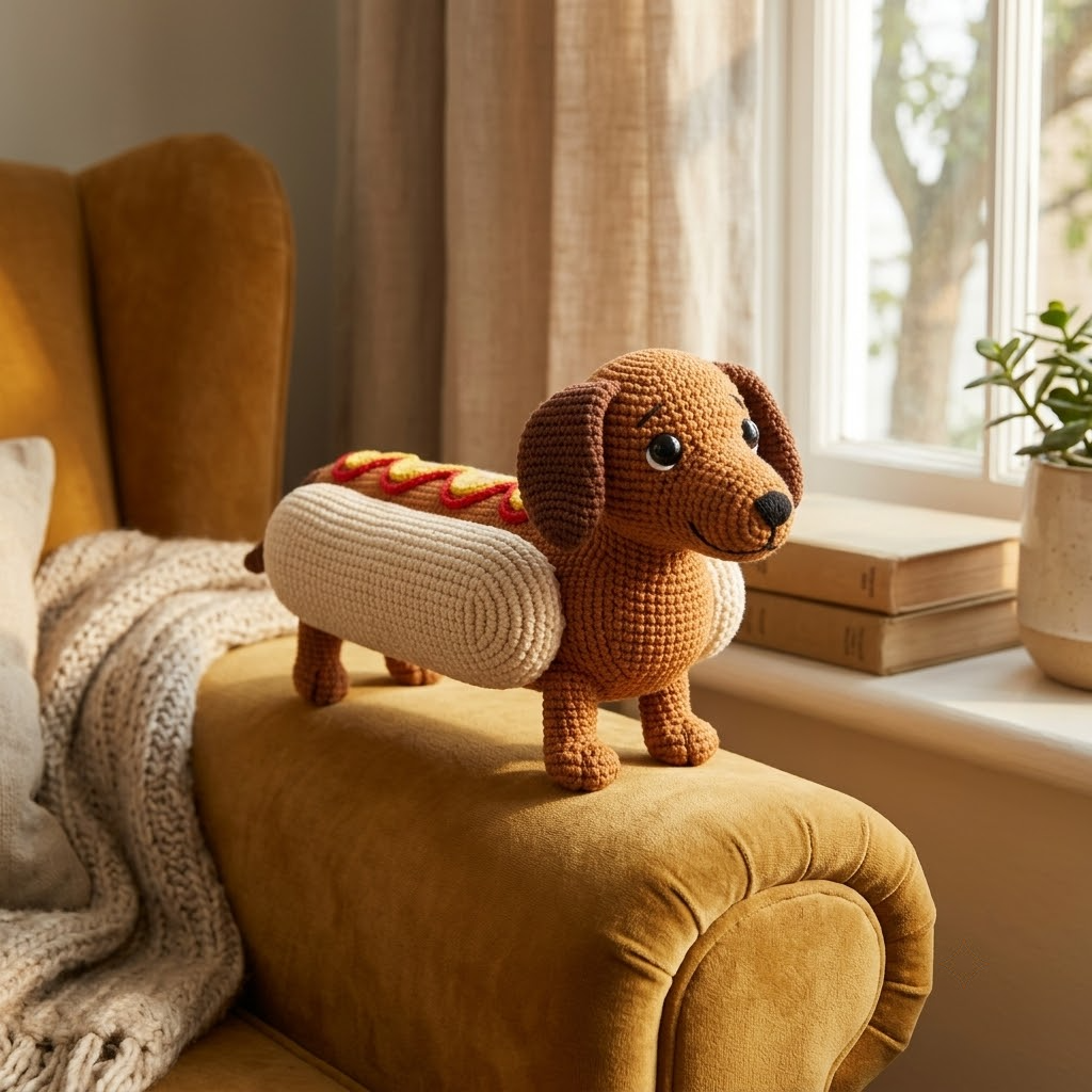 Funny Hot Dog Dachshund Crochet Doll, Handmade Amigurumi Plush Gift