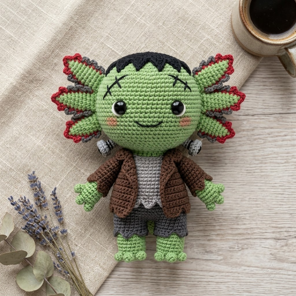 Frankenstein Axolotl Crochet Doll, Monster Amigurumi Plush Toy, Unique Halloween Gift