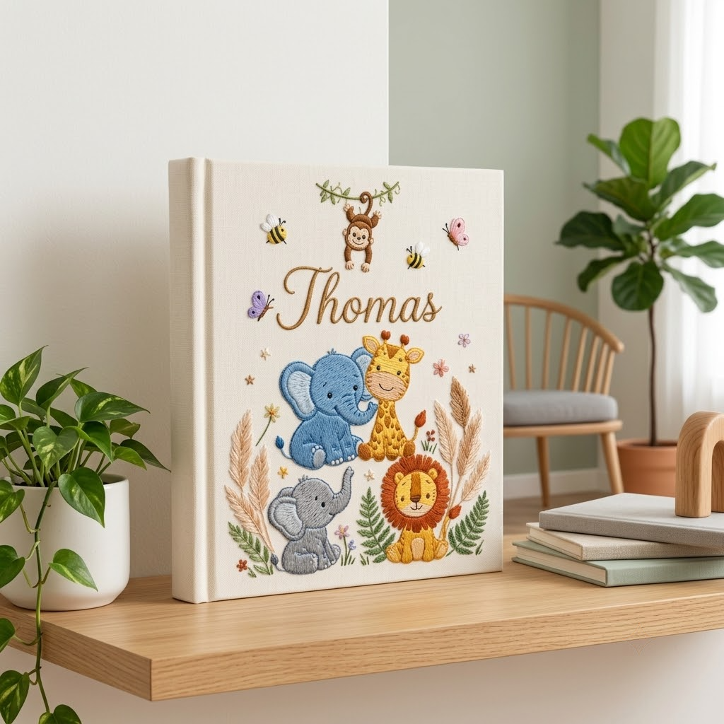 Personalized Baby Photo Album Embroidered Name Jungle Animal Keepsake Book