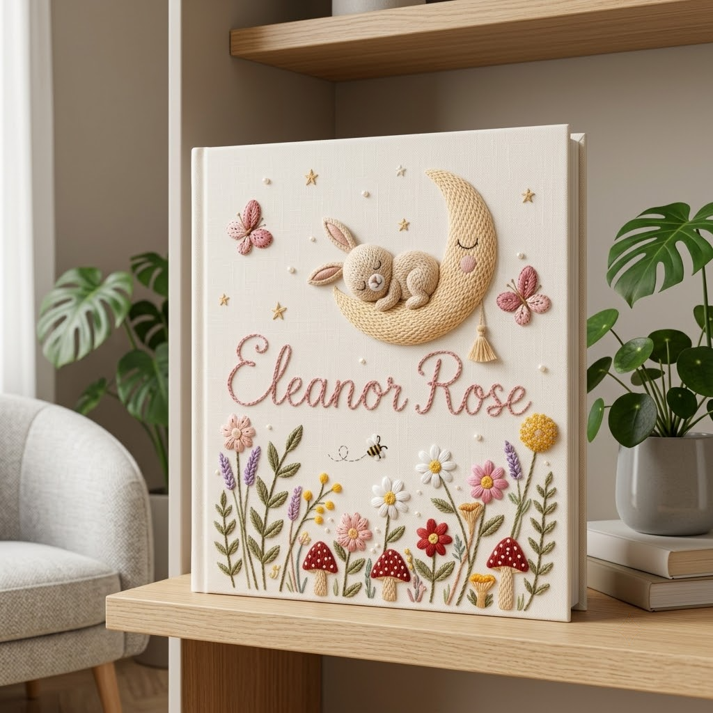 Personalized Baby Photo Album, Embroidered Floral Bunny Memory Book