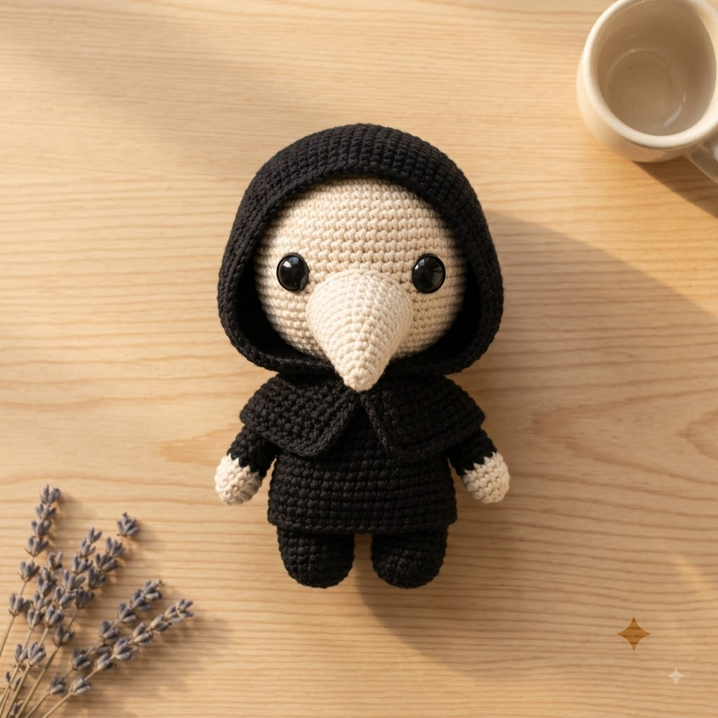Gothic Plague Doctor Crochet Doll, Handmade Amigurumi Plush, Halloween Beak Mask Character