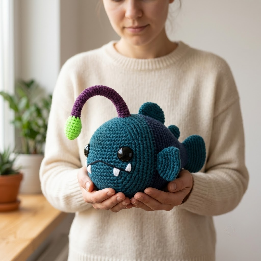 Spooky Anglerfish Crochet Plush, Glowing Lure & Tiny Fangs, Halloween Ocean Gift