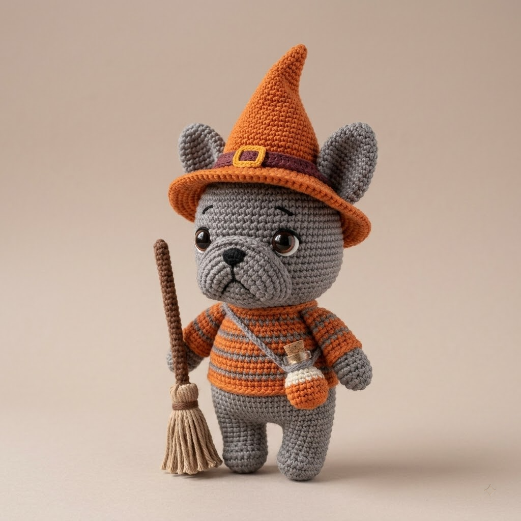 Cute Witch French Bulldog Crochet Doll, Halloween Frenchie Amigurumi Plush Gift