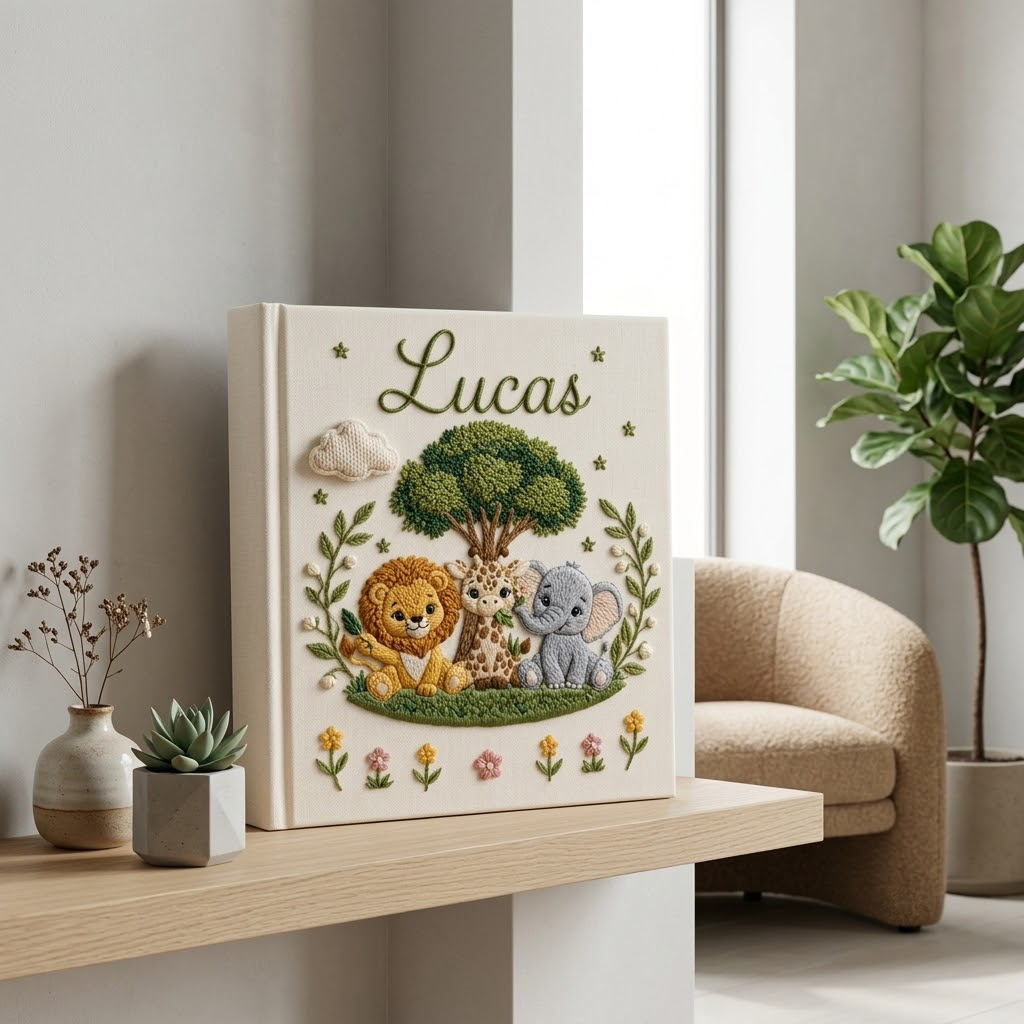 Personalized Baby Photo Album, Embroidered Safari Animal Custom Name Baby Book, Lion Elephant Giraffe Baby Shower Gift