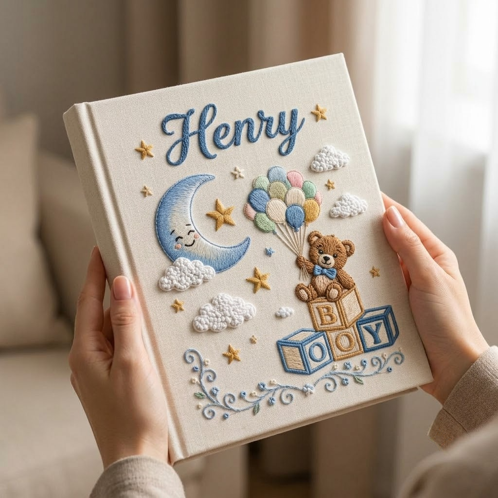 Personalized Baby Photo Album, Embroidered Teddy Bear Balloon Memory Book