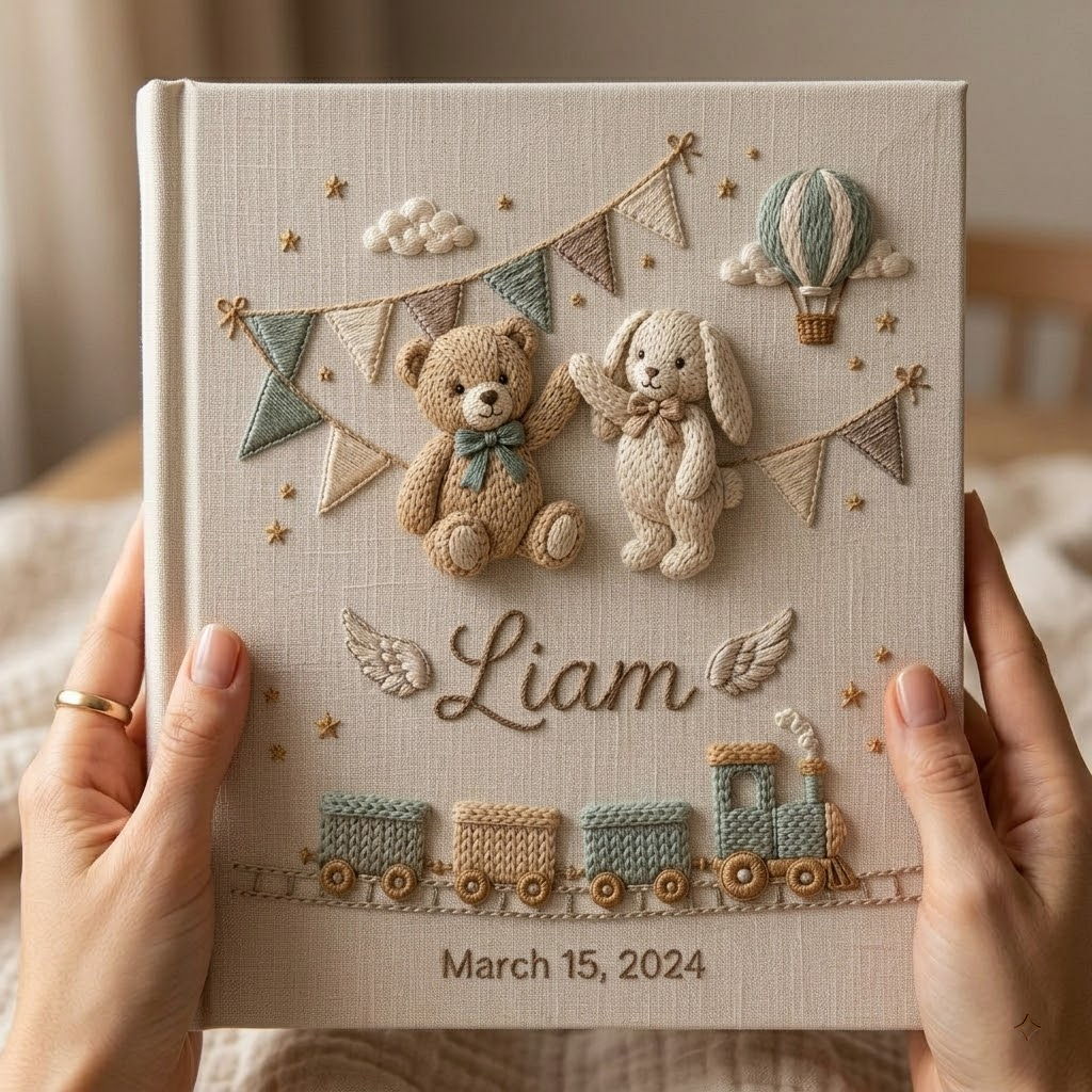 Personalized Baby Photo Album, Custom Embroidered Keepsake, Baby Memory Book