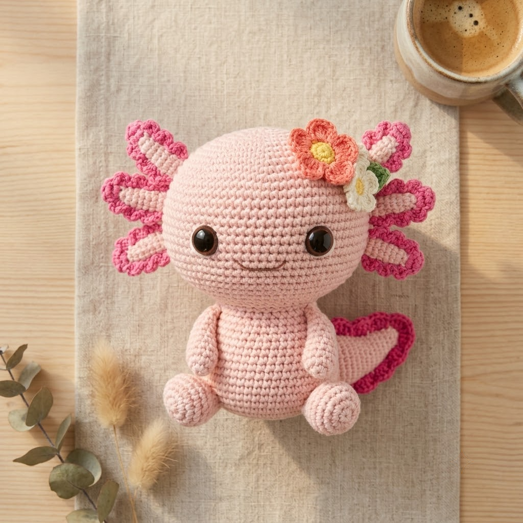 Cute Pink Floral Axolotl Crochet Amigurumi Doll, Perfect Nursery Decor Gift