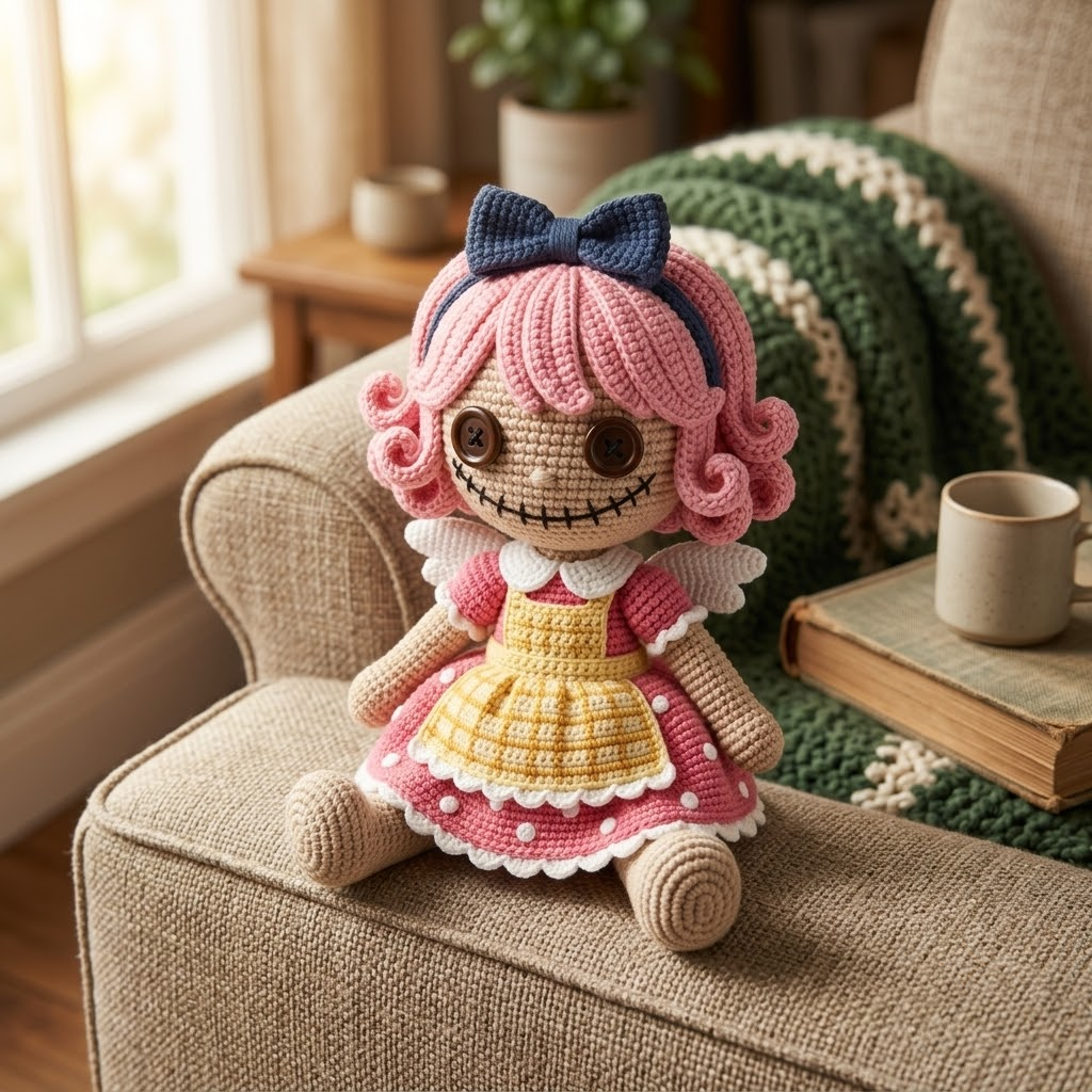 Creepy Rag Doll Crochet, Button Eyes Amigurumi With Pink Hair & Stitched Smile