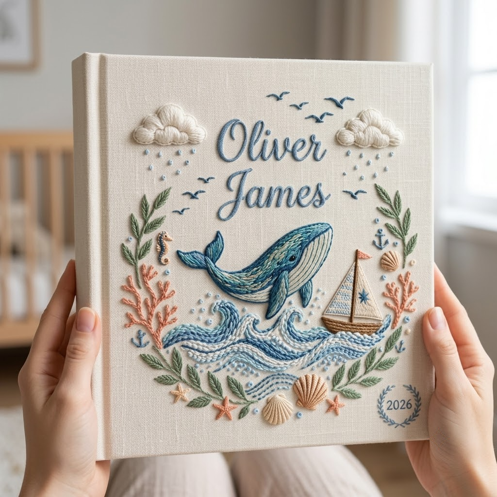 Personalized Baby Photo Album, Embroidered Ocean Keepsake Book, Custom Newborn Gift