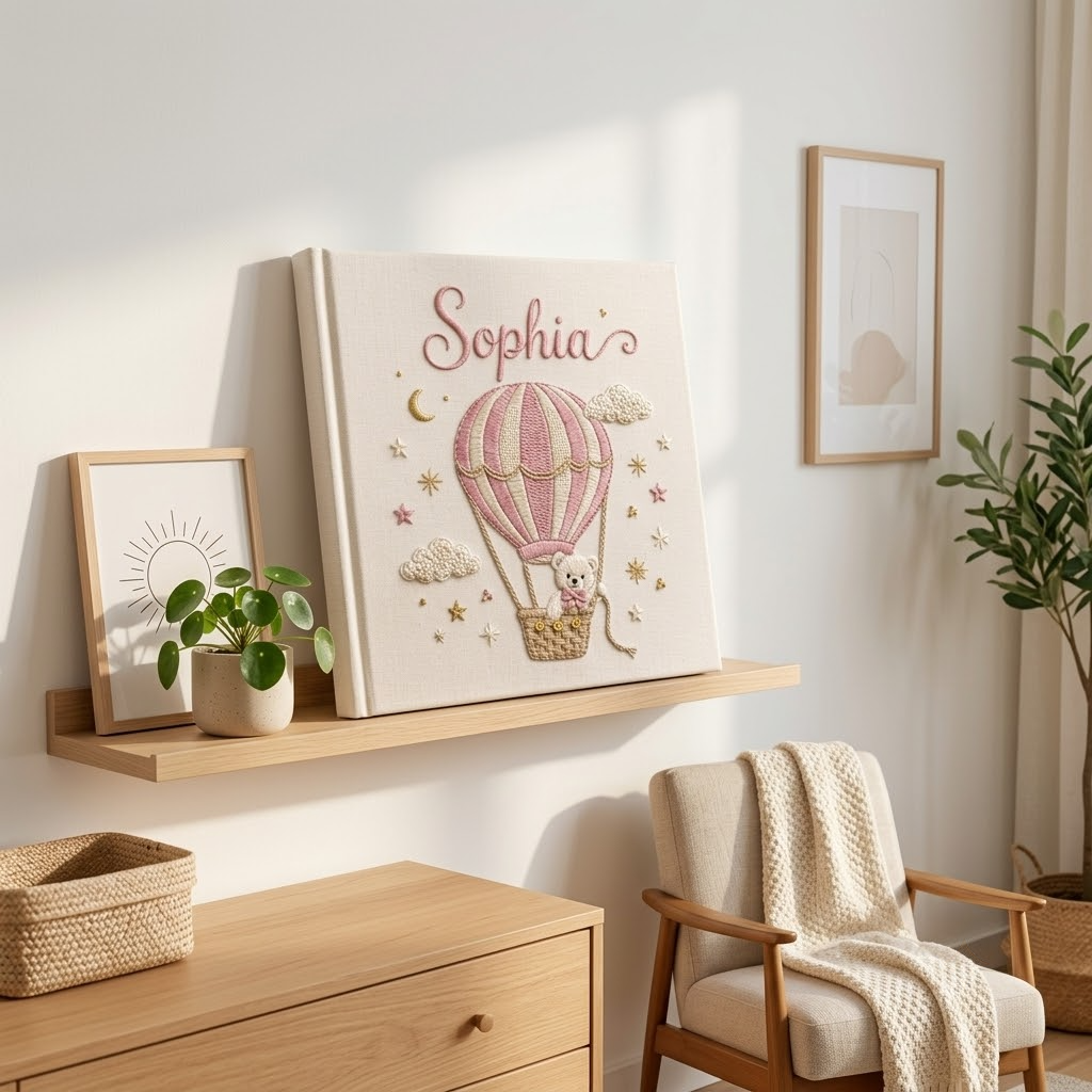 Personalized Baby Photo Album, Embroidered Hot Air Balloon Memory Book, Newborn Keepsake
