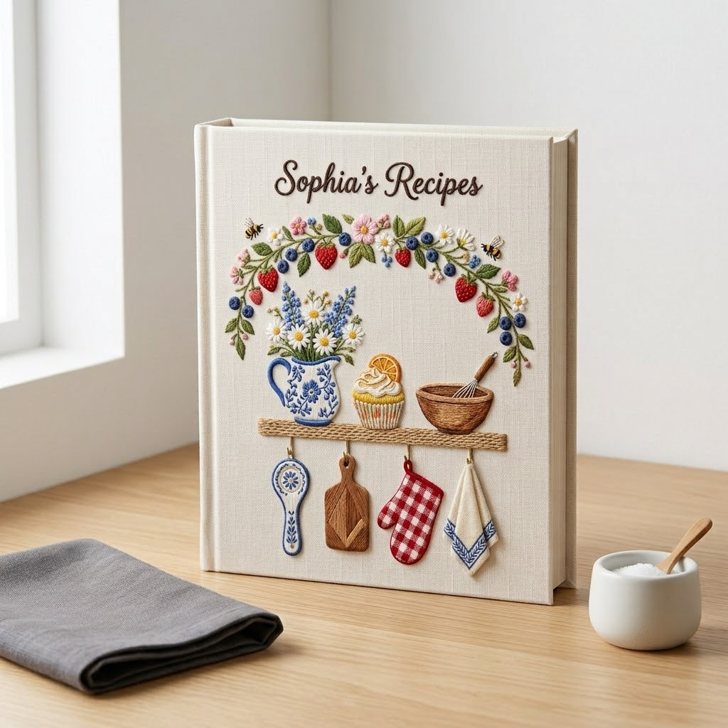 Personalized Embroidered Journal, Custom Strawberry Cottagecore Recipe Book