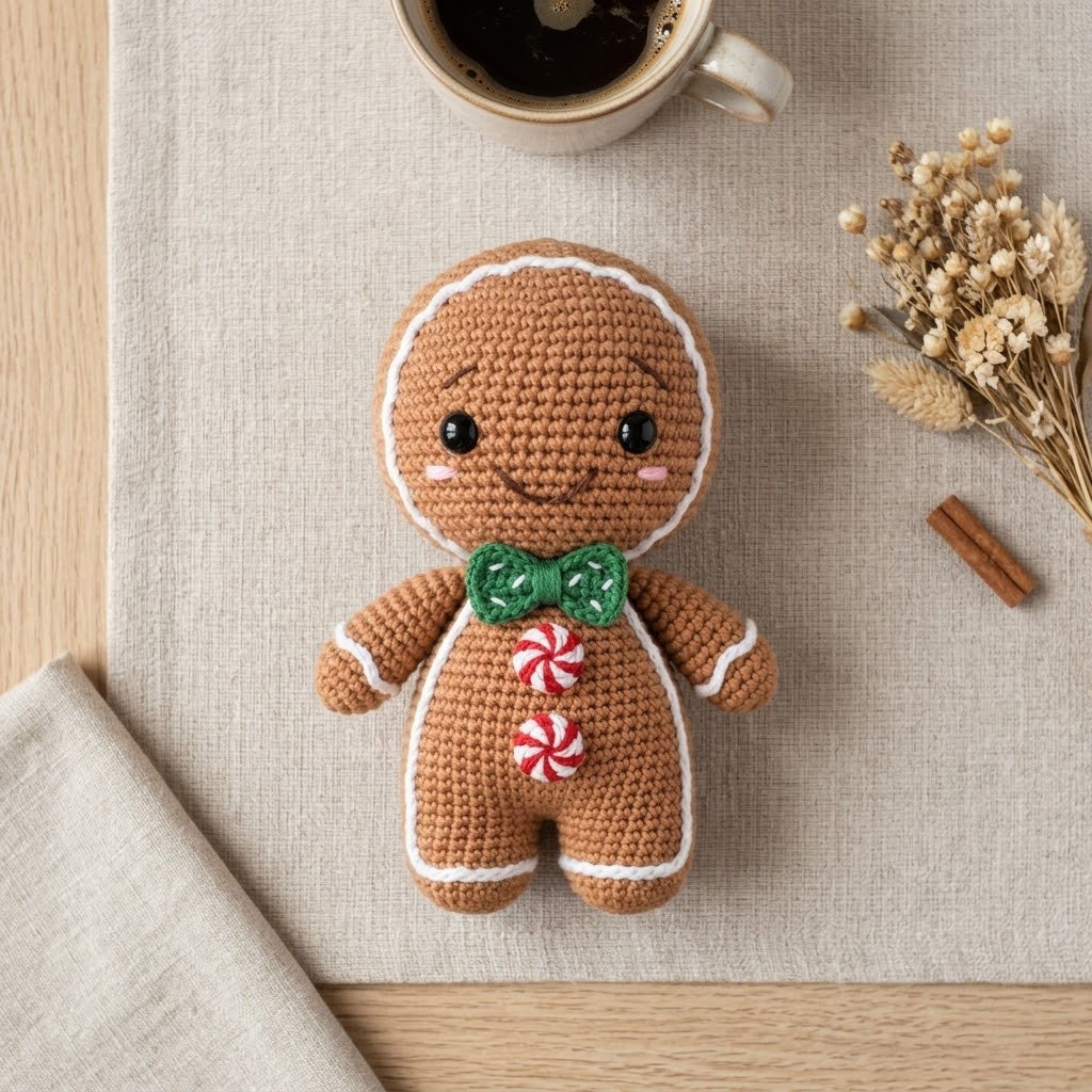 Cute Gingerbread Boy Crochet Doll, Christmas Amigurumi Toy With Peppermint Buttons