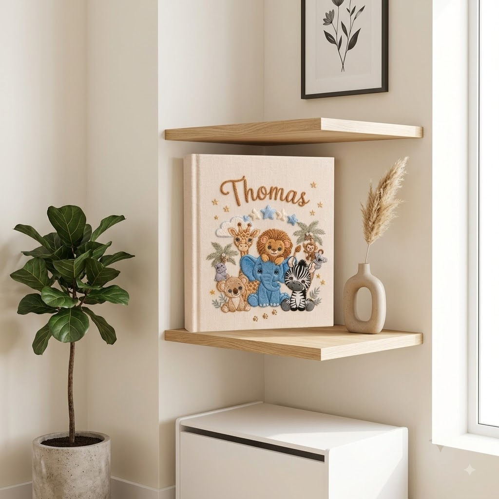Personalized Baby Photo Album, Hand Embroidered Safari Animals Linen Keepsake Book