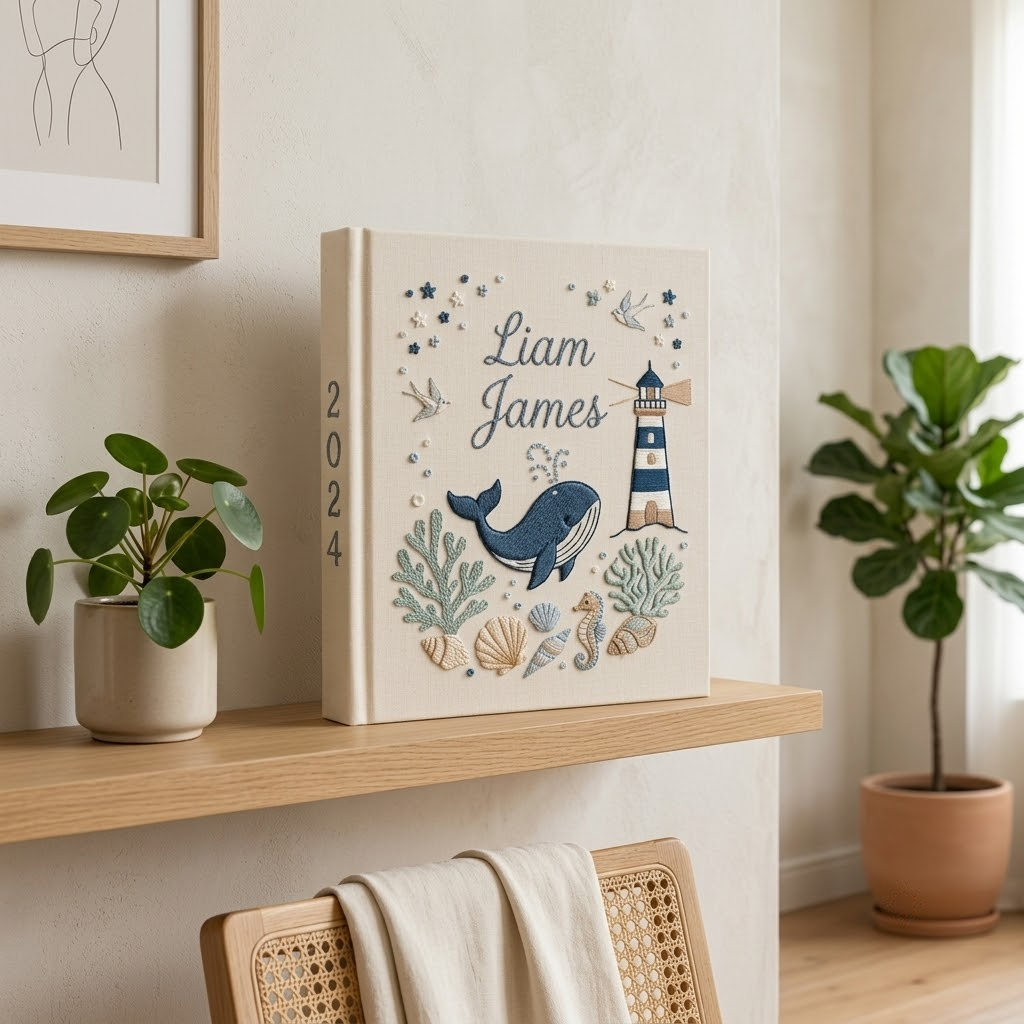 Personalized Baby Photo Album, Embroidered Ocean Nursery Keepsake Book