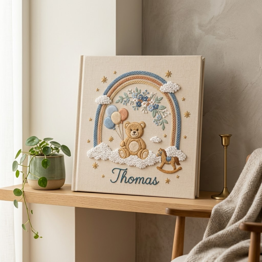 Personalized Baby Photo Album, Hand Embroidered Linen Memory Book For Newborns