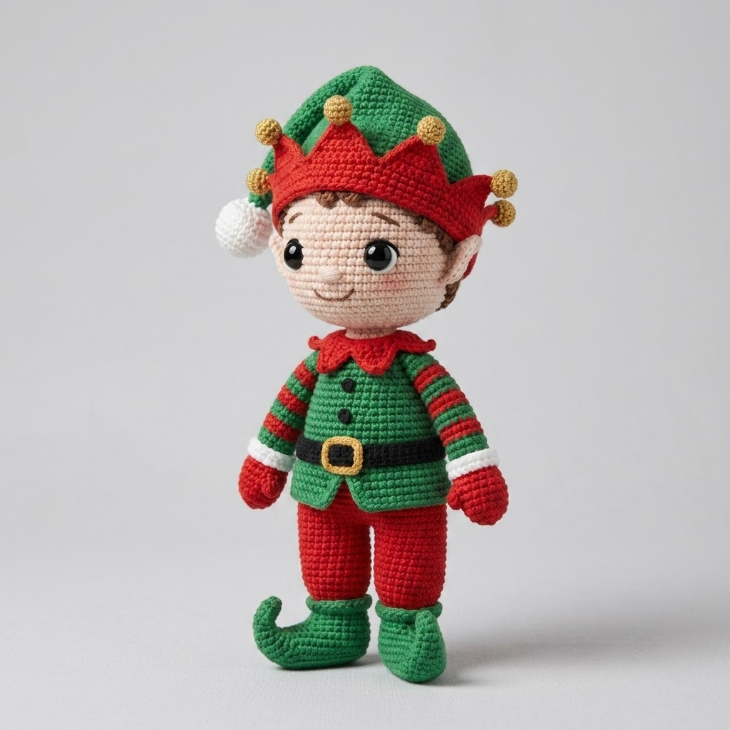 Elf Crochet Doll With Jester Hat, Standing Holiday Elf Plush