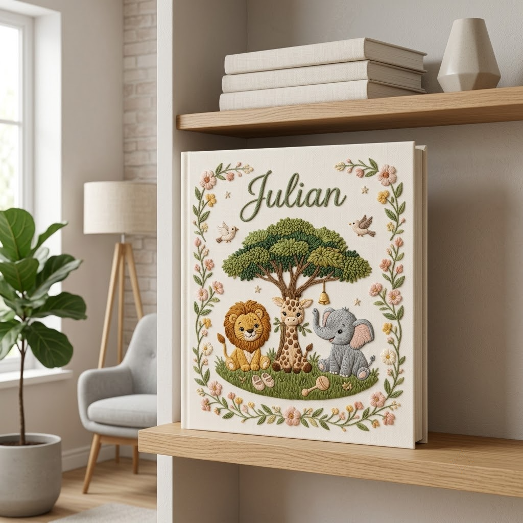 Wedding Album, Custom Embroidered Safari Baby Photo Book, Personalized Jungle Animal Keepsake