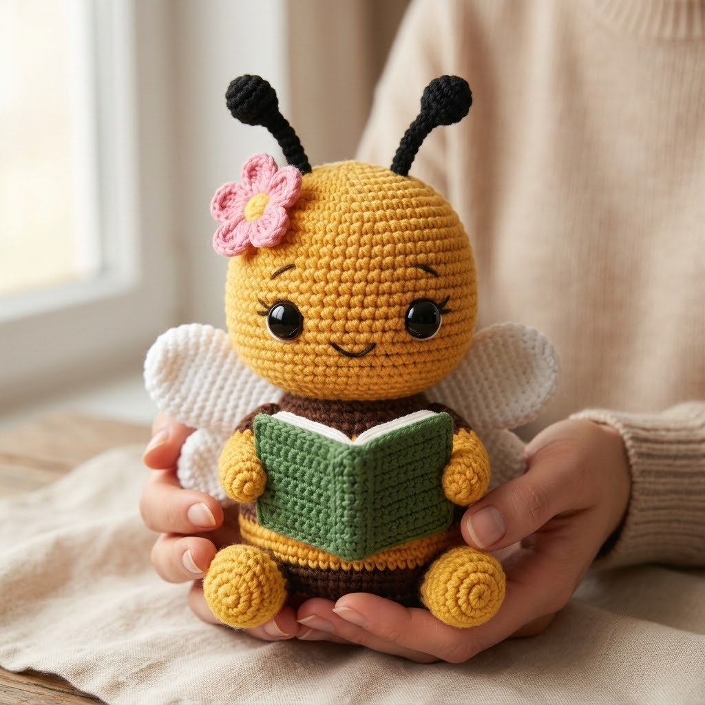 Crochet Doll With Green Book & Pink Flower, Handmade Bee Plush Gift