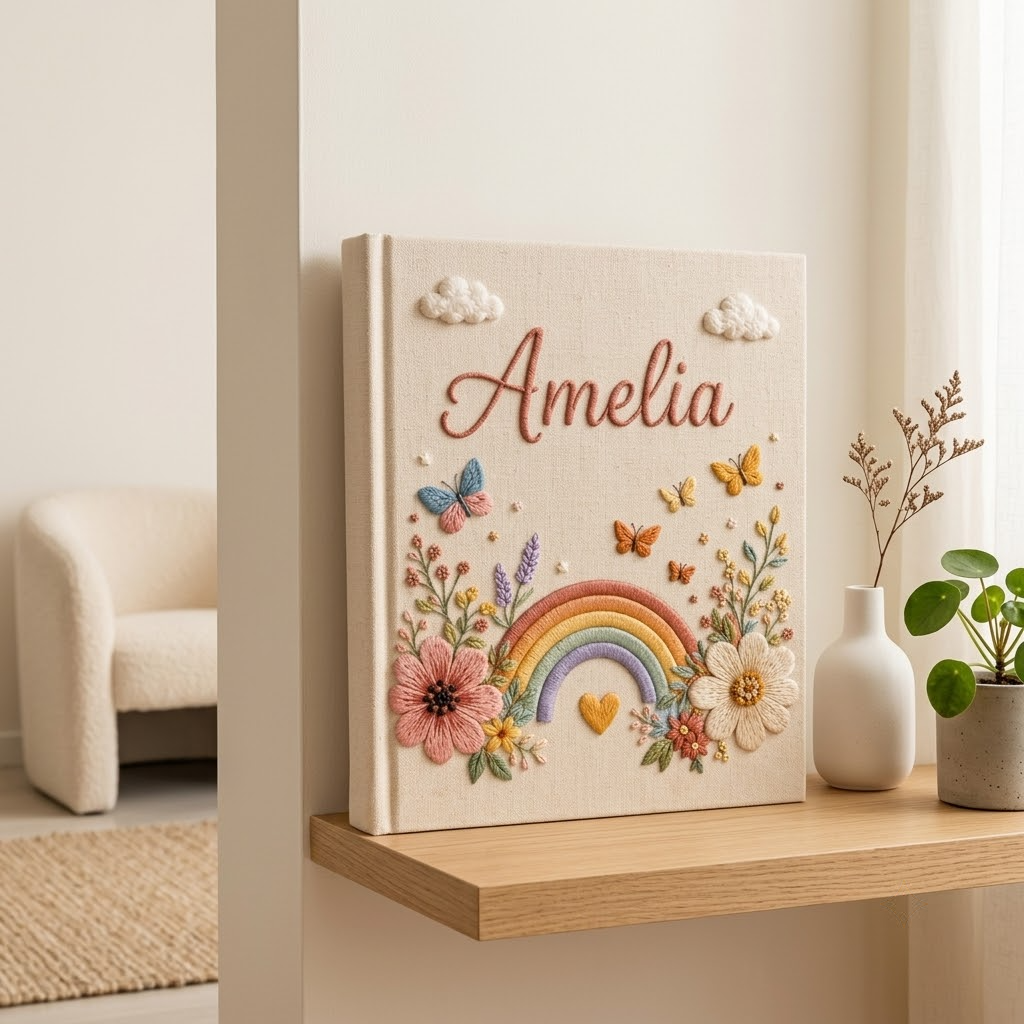 Personalized Baby Photo Album, Custom Butterfly Sunflower Rainbow Keepsake Baby Book