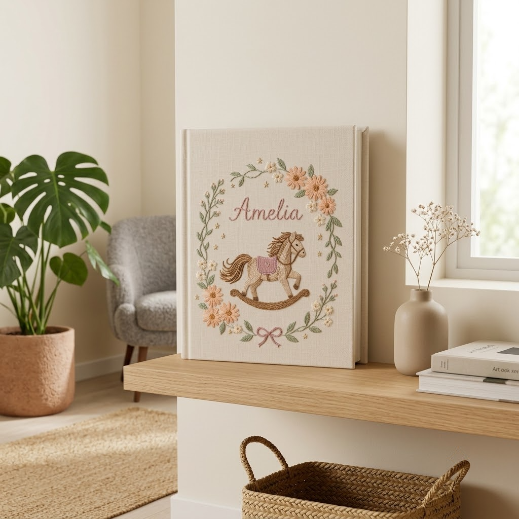 Personalized Baby Photo Album, Hand Embroidered Horse Design, Custom Memory Book
