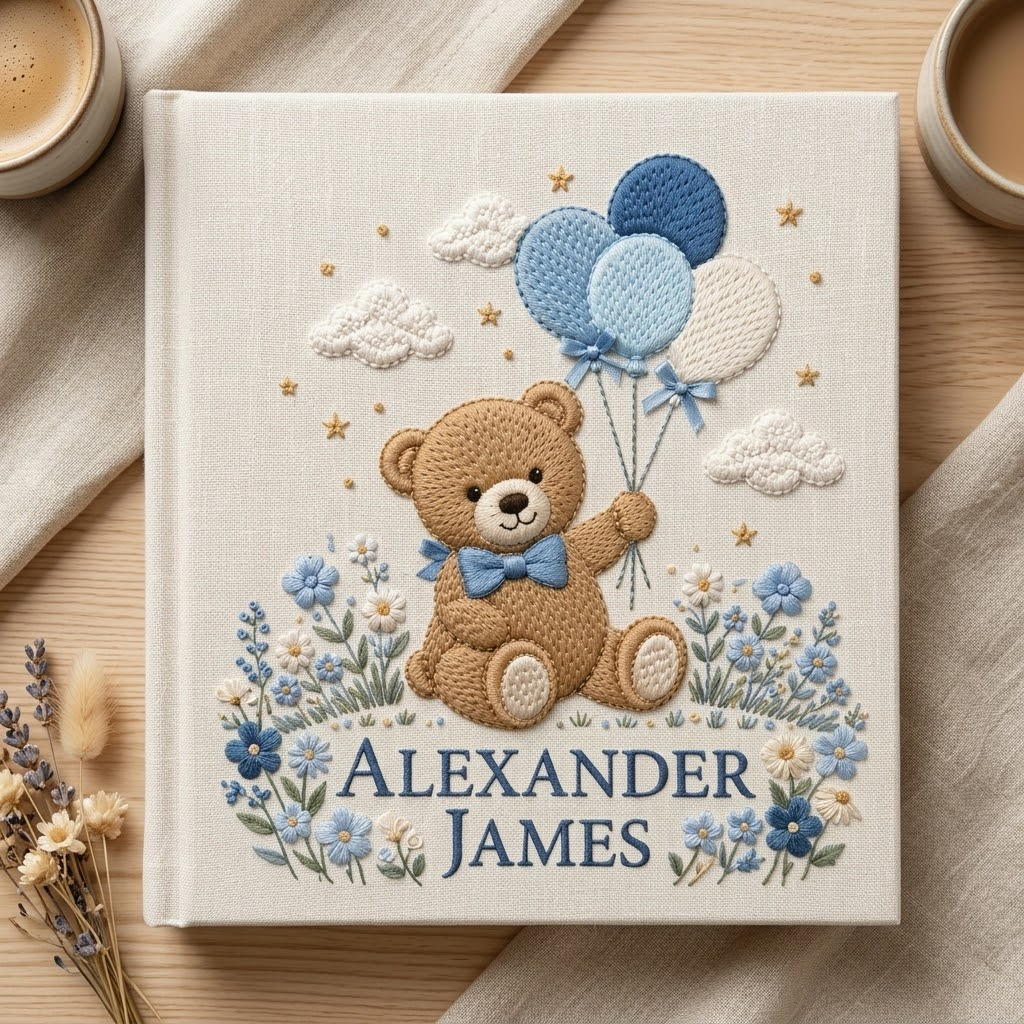 Personalized Baby Photo Album, Hand Embroidered Teddy Bear Memory Book, Blue Gingham Keepsake, Newborn Gift