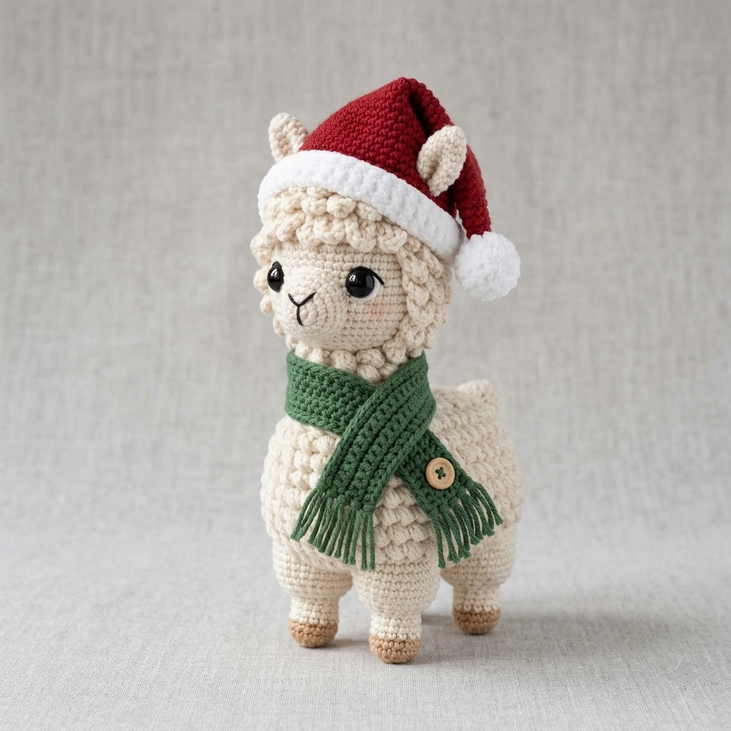 Llama Crochet Doll With Santa Hat, Handmade Amigurumi Holiday Animal Plush