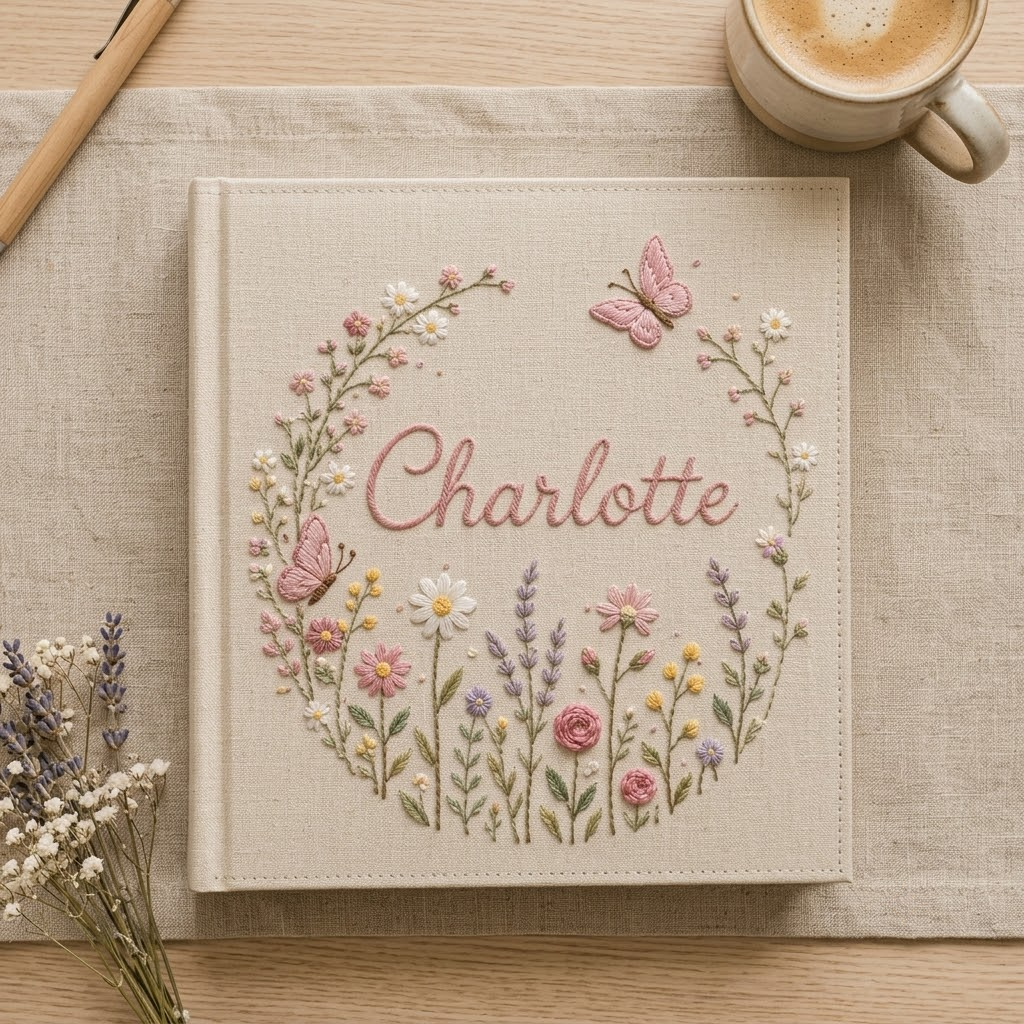 Custom Photo Album For Baby Girls, Embroidered Keepsake Book