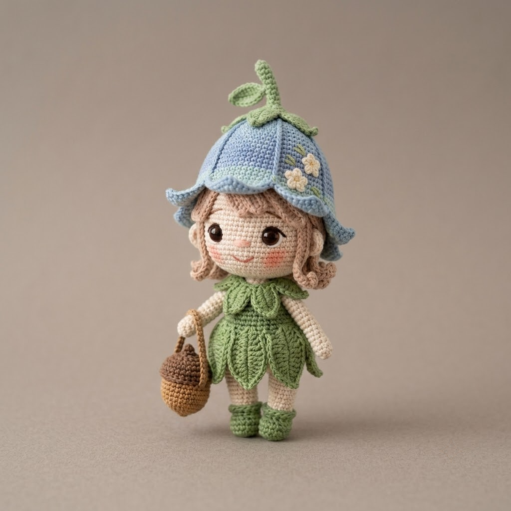 Charming Bluebell Sprite Crochet Doll, Forest Fairy Amigurumi With Flower Hat