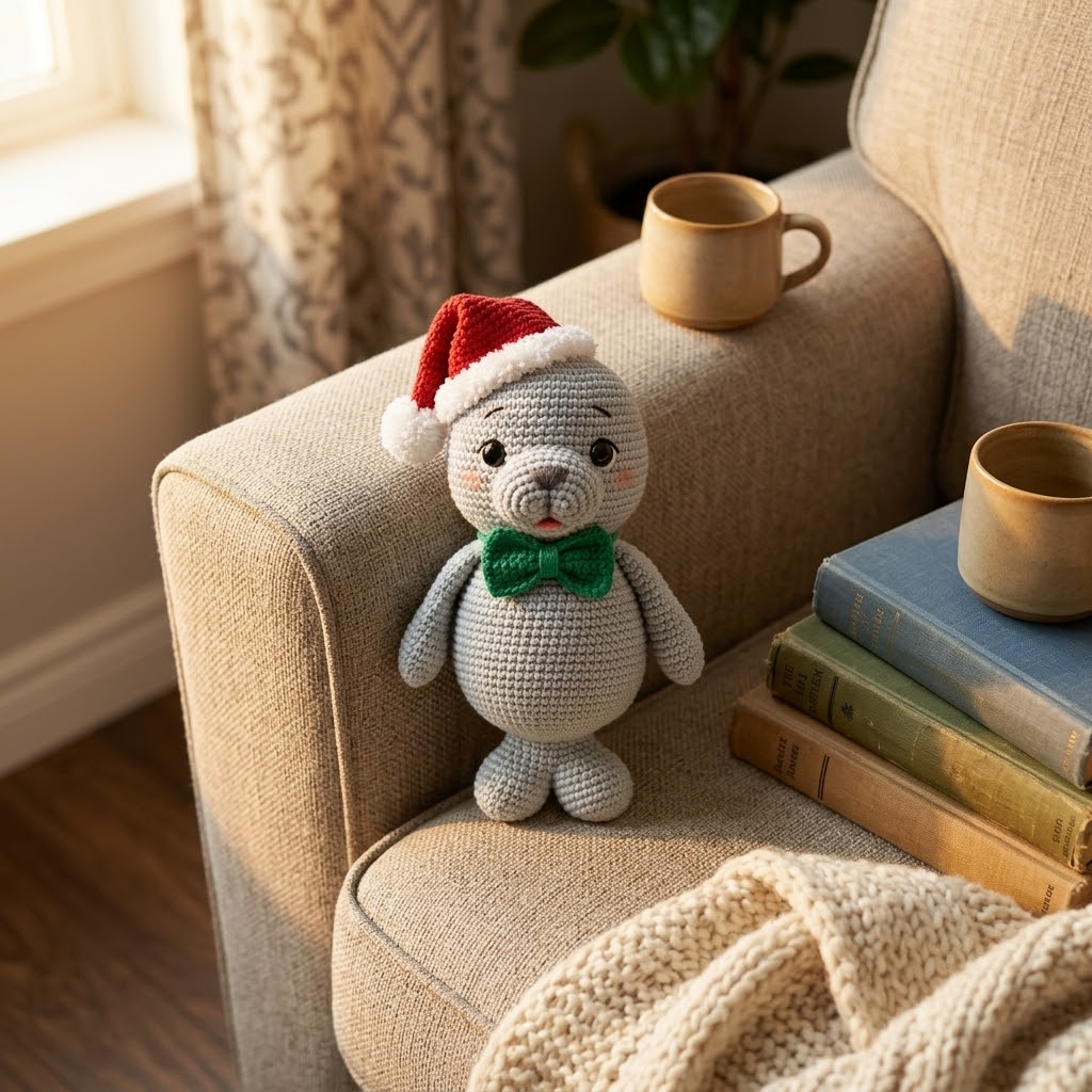 Manatee Crochet Doll, Amigurumi Plush With Santa Hat & Green Bow Tie