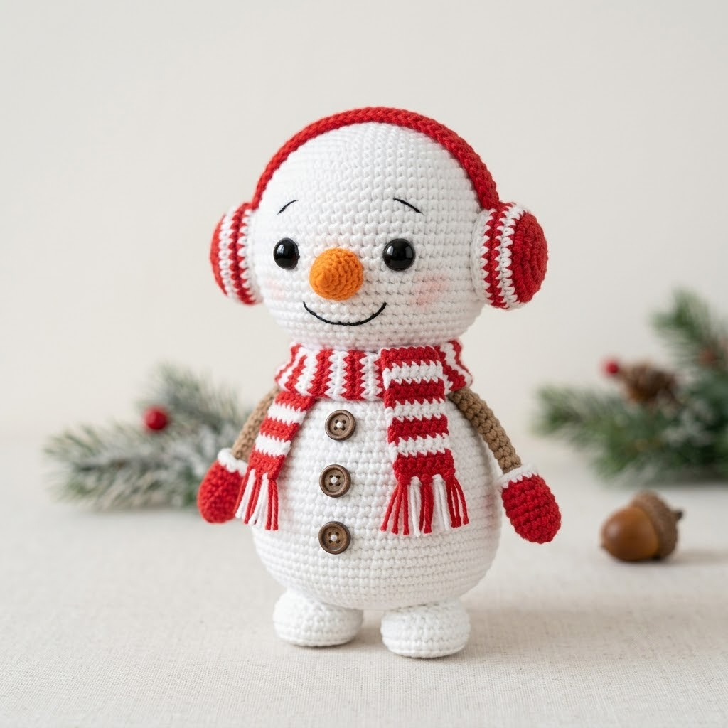 Cozy Snowman Crochet Doll, Cute Amigurumi With Red Earmuffs & Button Details