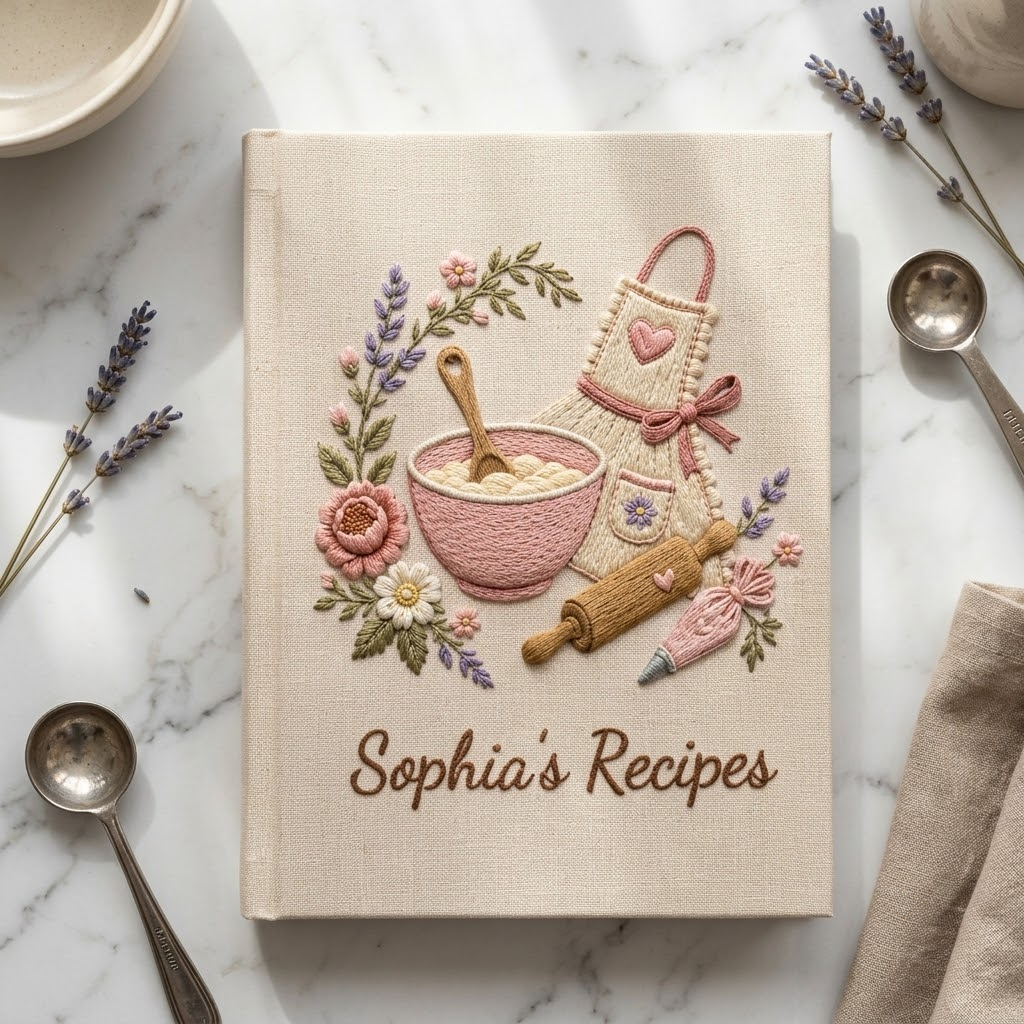 Embroidered Journal, Custom Recipe Notebook, Coquette Baking Cookbook, Floral Kitchen Gift