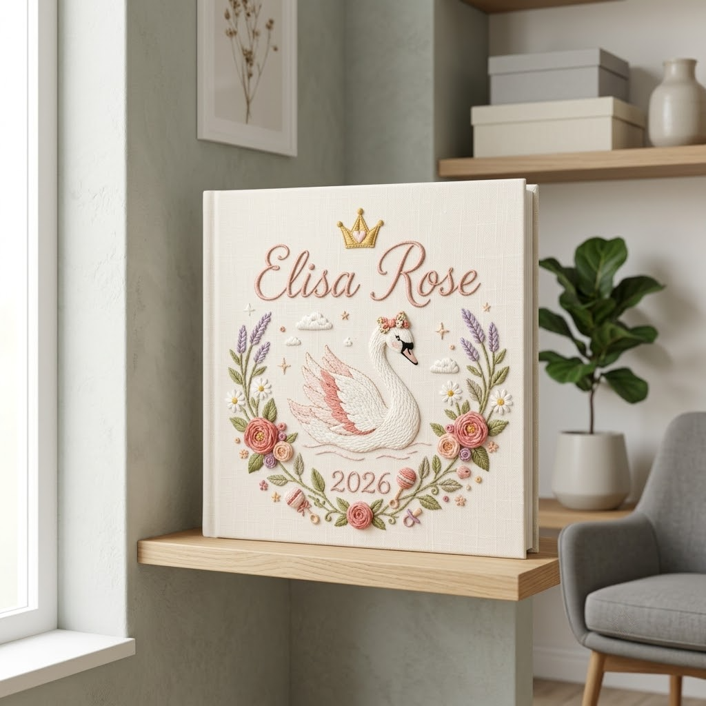 Personalized Baby Photo Album, Hand Embroidered Floral Swan Memory Book