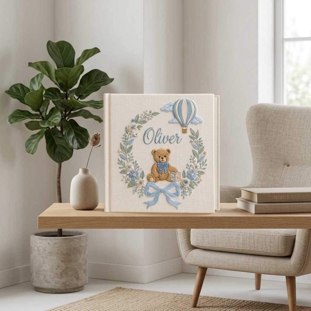 Personalized Baby Photo Album, Embroidered Teddy Bear Hot Air Balloon Memory Book Gift
