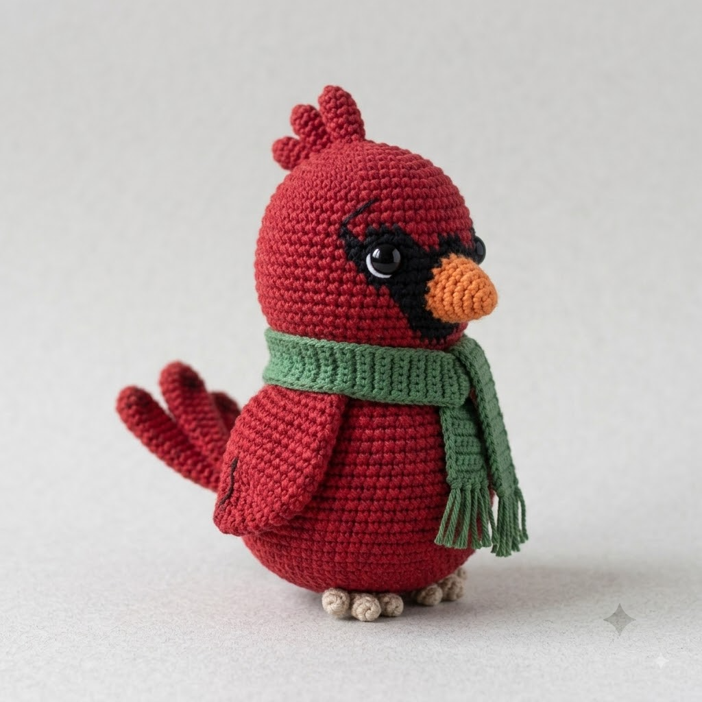 Winter Cardinal Crochet Bird, Cute Amigurumi Plush With Green Scarf, Christmas Gift