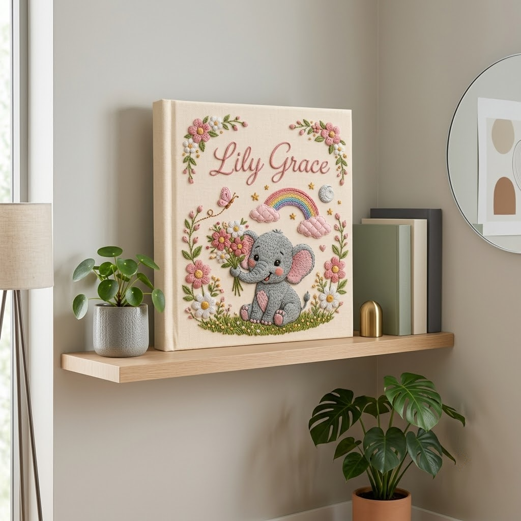 Personalized Baby Photo Album, Embroidered Rainbow Elephant Nursery Keepsake Book