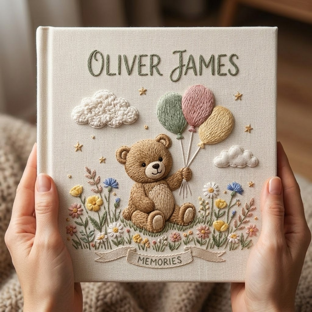 Personalized Baby Photo Album Custom Hand Embroidered Teddy Bear Linen Memory Book With Sleeves