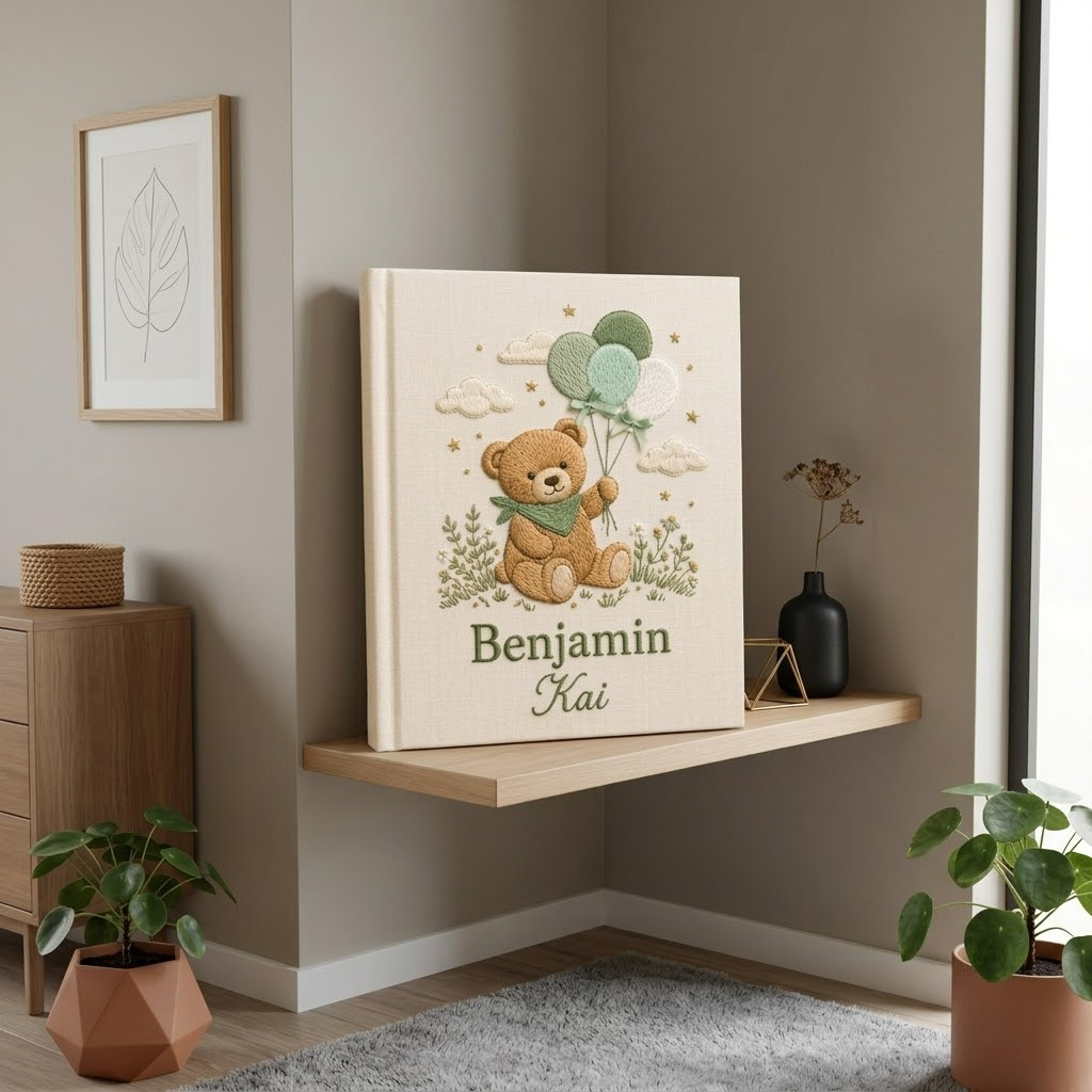 Personalized Baby Photo Album, Embroidered Gingham Bear Memory Book, Custom Name Keepsake Gift