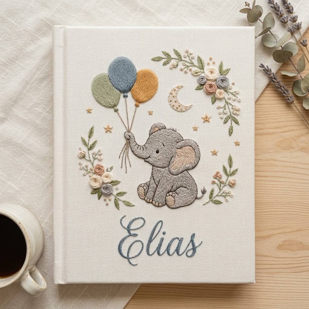 Personalized Baby Photo Album, Hand Embroidered Linen Memory Book, Custom Name Newborn Gift