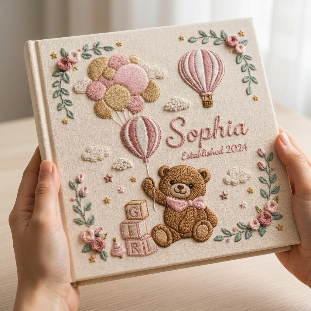 Personalized Baby Photo Album, Embroidered Teddy Bear Memory Book, Newborn Keepsake