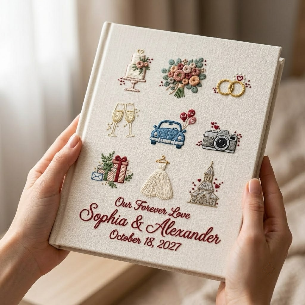 Personalized Baby Photo Album, Embroidered Linen Keepsake Book For Baby Shower Gift
