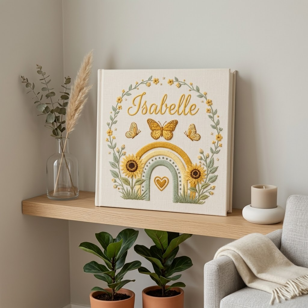 Personalized Baby Photo Album, Custom Embroidered Memory Book, Butterfly Sunflower Rainbow Keepsake