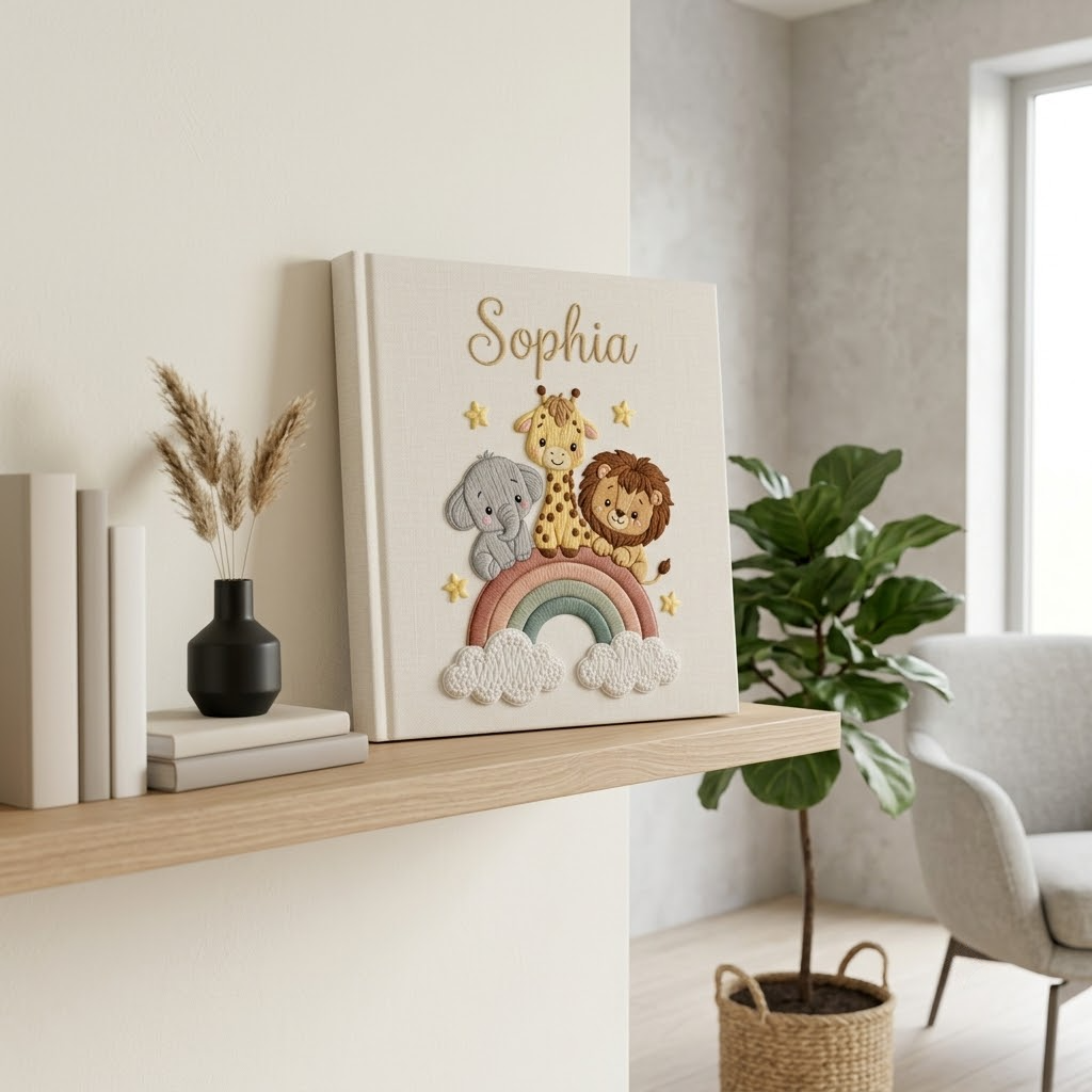 Personalized Baby Photo Album, Embroidered Safari Hot Air Balloon, Linen Keepsake Baby Book
