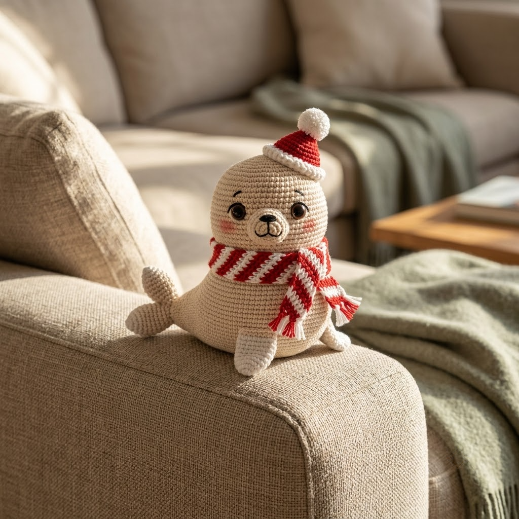 Cute Seal Crochet Doll With Peppermint Scarf, Christmas Ocean Plush Gift