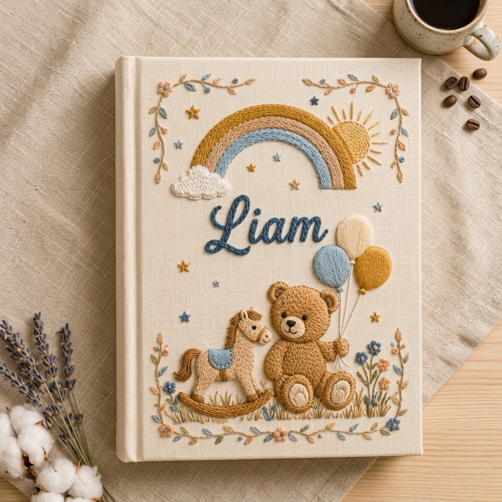 Personalized Baby Photo Album, Hand Embroidered Linen Memory Book For Newborns