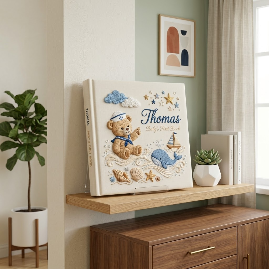 Personalized Baby Photo Album, Embroidered Linen Keepsake For Memories