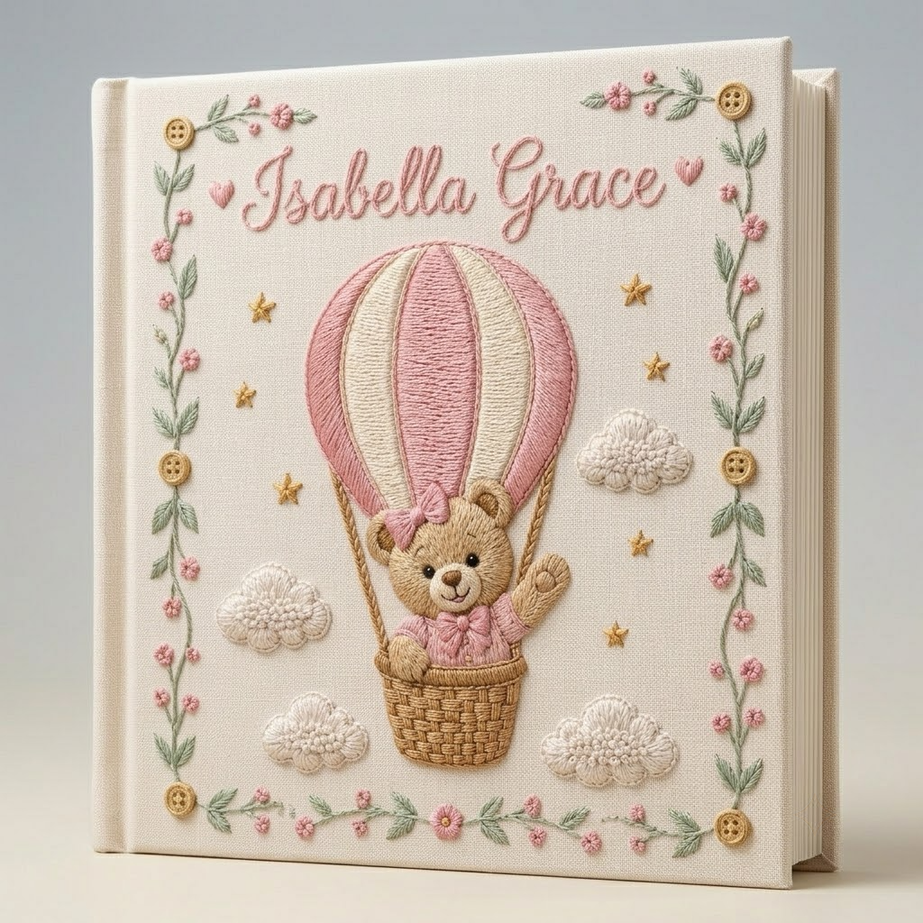 Personalized Baby Photo Album, Embroidered Teddy Bear Hot Air Balloon Memory Book