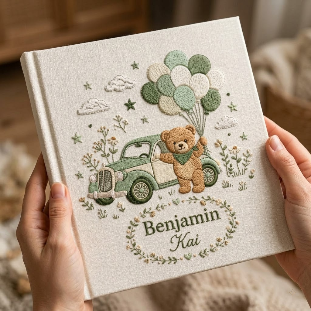 Personalized Baby Photo Album, Embroidered Gingham Car & Balloon Memory Book