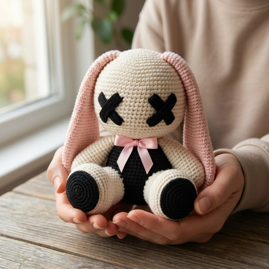 Handmade Pastel Goth Bunny Crochet Plush, Soft Amigurumi For Spooky Lovers