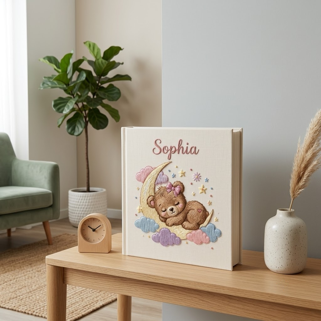 Personalized Baby Photo Album, Embroidered Memory Book With Sleeves