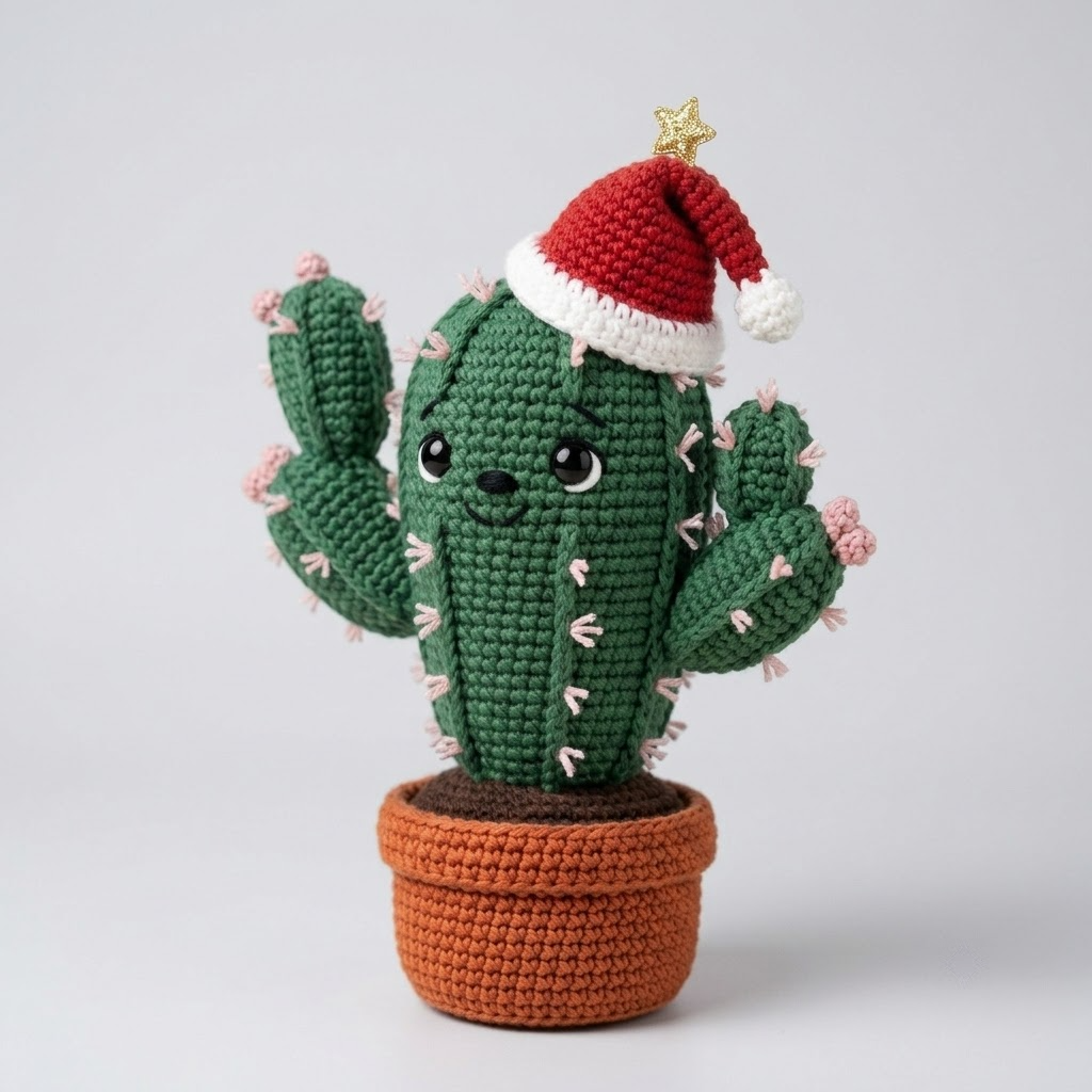 Christmas Cactus Crochet Amigurumi Plush, Santa Hat Desk Decor